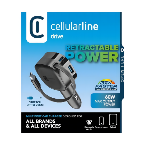Caricabatterie da auto Cellularline con cavo retrattile (60 W, interfaccia USB)