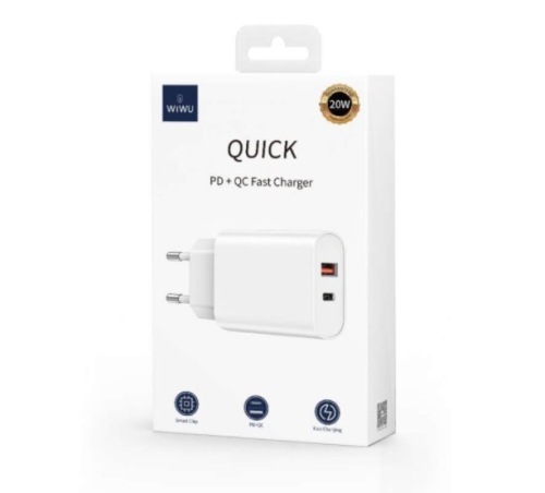 WIWU WI-U002 QUICK DUAL 20W PD+OCCARICATORE RICARICA RAPIDA BIANCO