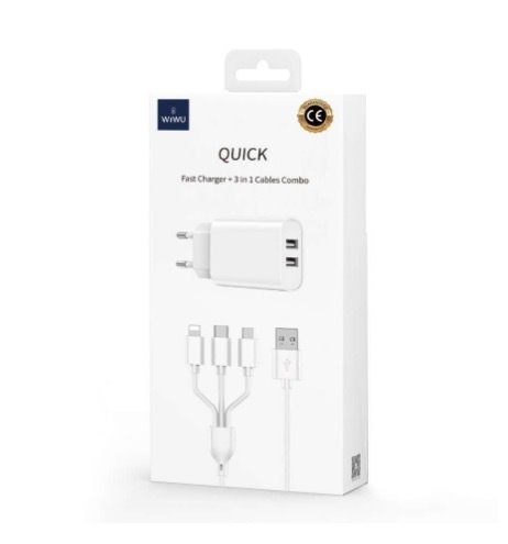 WIWU WI-U003 QUICK CABLE SET DUAL USBCARICATORE RICARICA RAPIDA 3in1 CON CAVO BIANCO