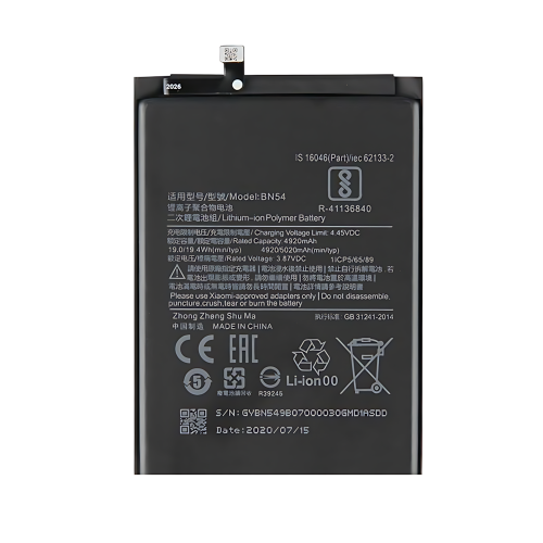 高容量电池 5020MAH BN54 BM54 Xiaomi Redmi 9 Redmi Note 9 Redmi Note 9T Redmi 10X 4G M2004J19G M2004J19C M2003J6A1G M2007J22G J22 (DEJI 工厂生产，没Logo)