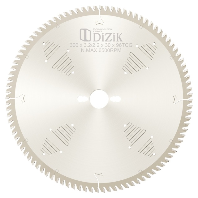Vue complète de la lame de scie à panneaux DiZiK 300x3,2x2,2x30 Z96-TCG - Conception à triple dent plate pour scies à panneaux coulissantes à table
