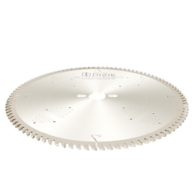 Vue de dessus de la lame de scie à panneaux DiZiK - diamètre 300 mm avec conception à triple dent plate pour une coupe efficace sur les scies à panneaux coulissantes à table