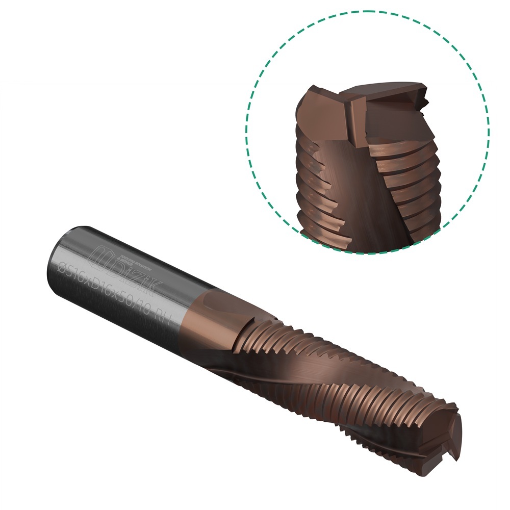 Close - up Detail of DiZiK 3 - Flute Roughing Spiral Router Bit - Wavy Edge & TiN Gold Coated Solid Carbide