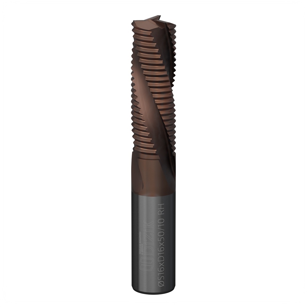 Side View of DiZiK 3 - Flute Roughing Spiral Router Bit - Solid Carbide TiN Gold Coated CNC Tool