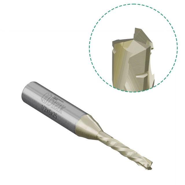 Close-up detail of DiZiK solid carbide compression bit - Tear-free cutting edge for laminated boards and MDF