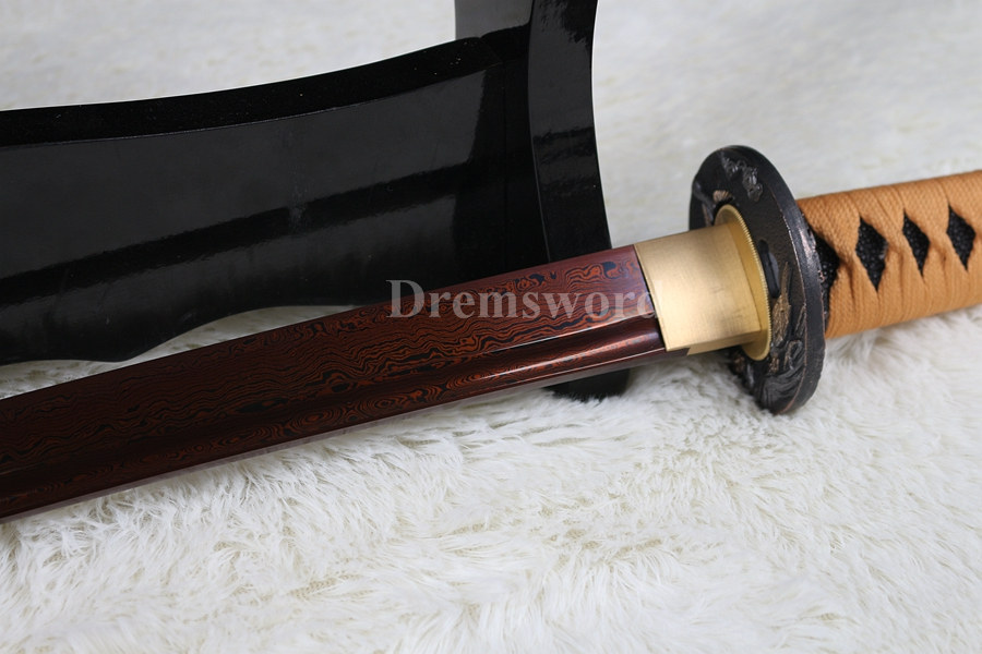 HAND FORGED RED DAMASCUS FOLDED STEEL JAPANESE SAMURAI KATANA REAL SWORD SHARP.