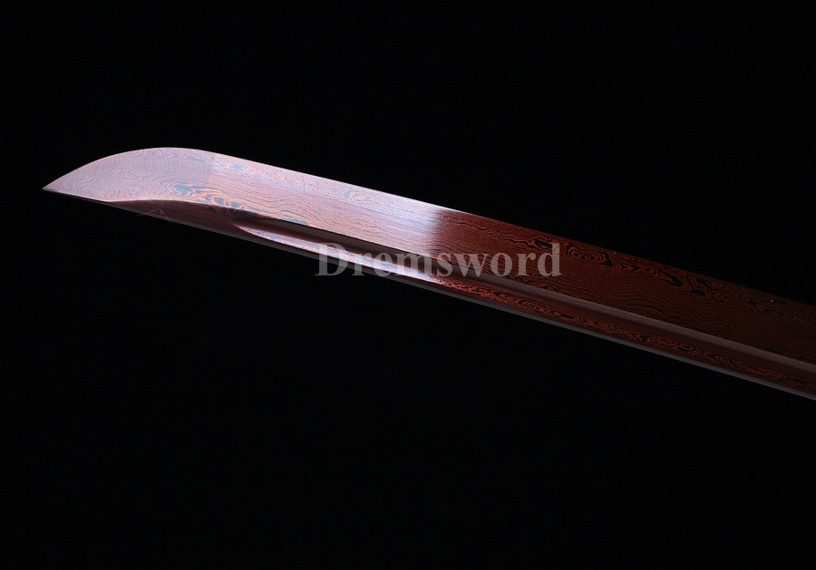 HAND FORGED RED DAMASCUS FOLDED STEEL JAPANESE SAMURAI KATANA REAL SWORD SHARP.