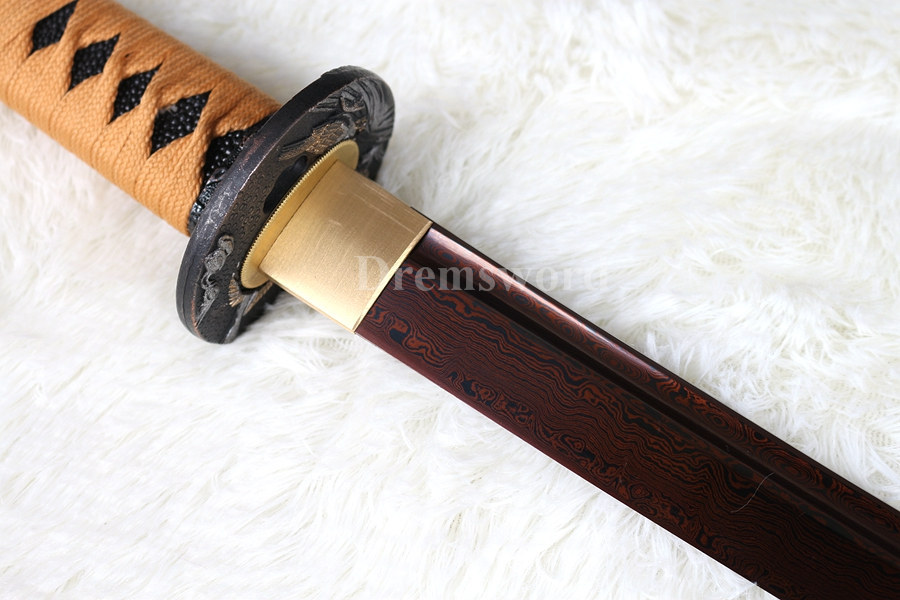 HAND FORGED RED DAMASCUS FOLDED STEEL JAPANESE SAMURAI KATANA REAL SWORD SHARP.