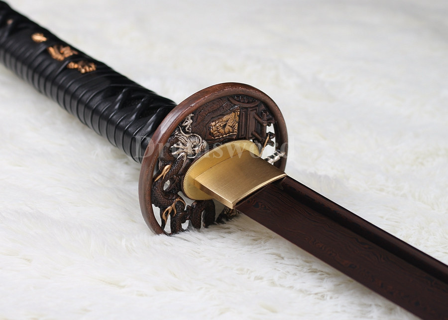 Hand forged japanese Katana samurai sword Red&Black damascus folded steel blade Dragon copper Tsuba.