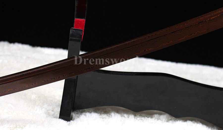 Hand forged japanese Katana samurai sword Red&Black damascus folded steel blade Dragon copper Tsuba.