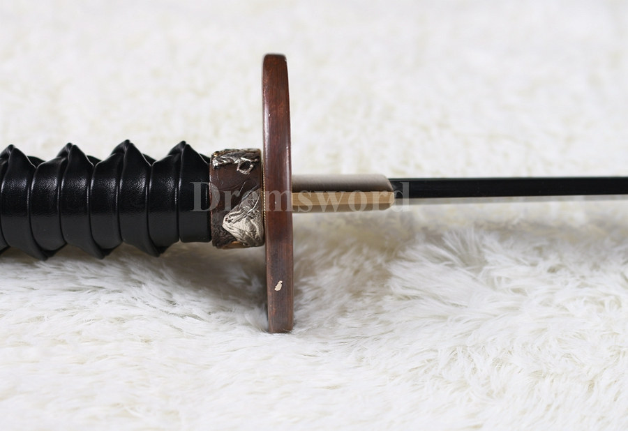Hand forged japanese Katana samurai sword Red&Black damascus folded steel blade Dragon copper Tsuba.