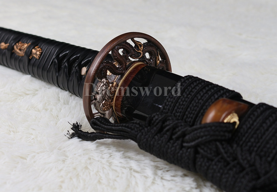 Hand forged japanese Katana samurai sword Red&Black damascus folded steel blade Dragon copper Tsuba.
