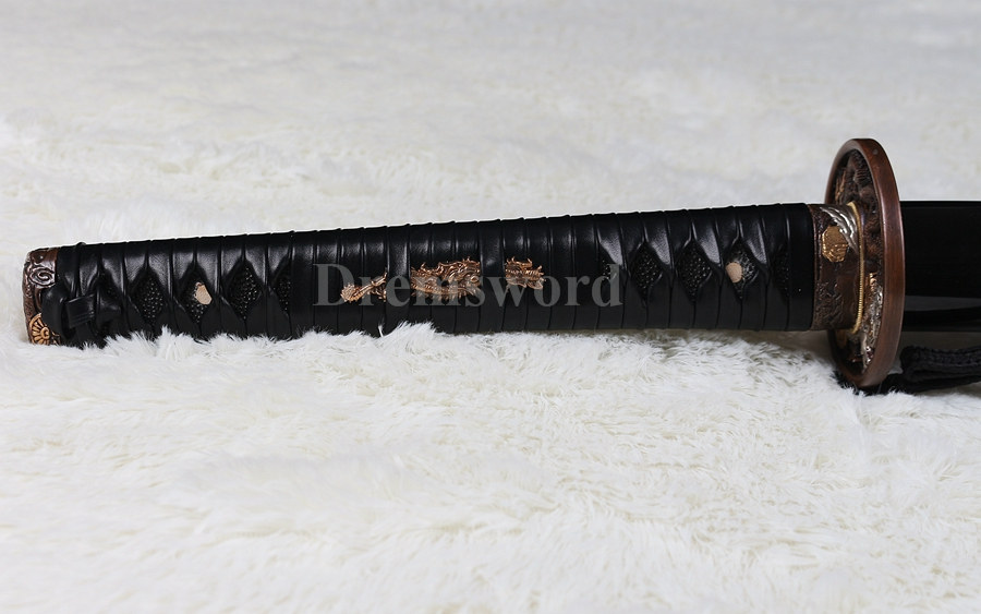 Hand forged japanese Katana samurai sword Red&Black damascus folded steel blade Dragon copper Tsuba.