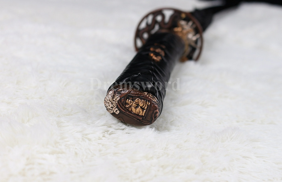 Hand forged japanese Katana samurai sword Red&Black damascus folded steel blade Dragon copper Tsuba.