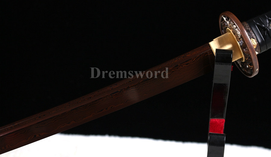 Hand forged japanese Katana samurai sword Red&Black damascus folded steel blade Dragon copper Tsuba.