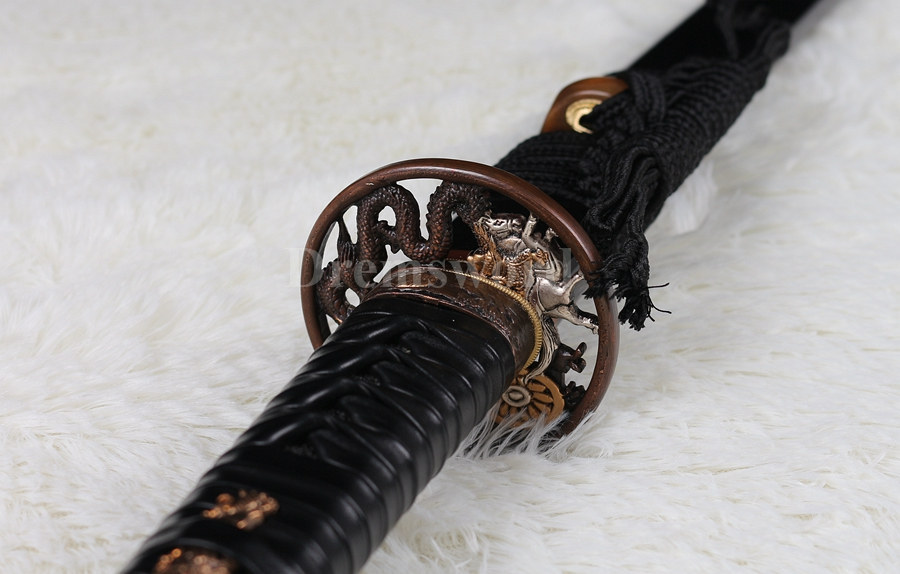 Hand forged japanese Katana samurai sword Red&Black damascus folded steel blade Dragon copper Tsuba.