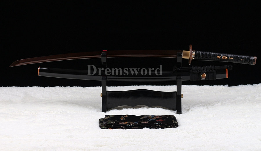 Hand forged japanese Katana samurai sword Red&Black damascus folded steel blade Dragon copper Tsuba.