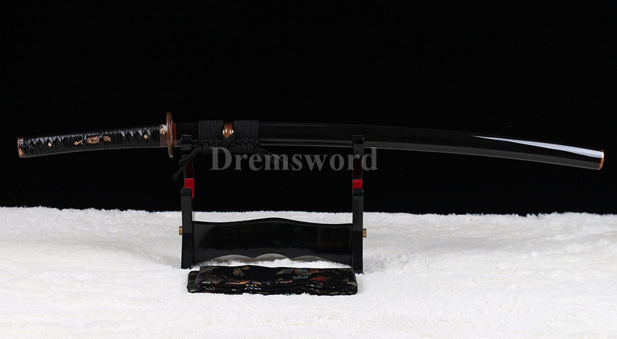Hand forged japanese Katana samurai sword Red&Black damascus folded steel blade Dragon copper Tsuba.