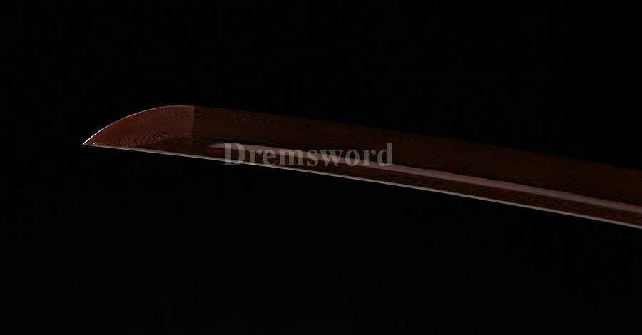 Hand forged japanese Katana samurai sword Red&Black damascus folded steel blade Dragon copper Tsuba.