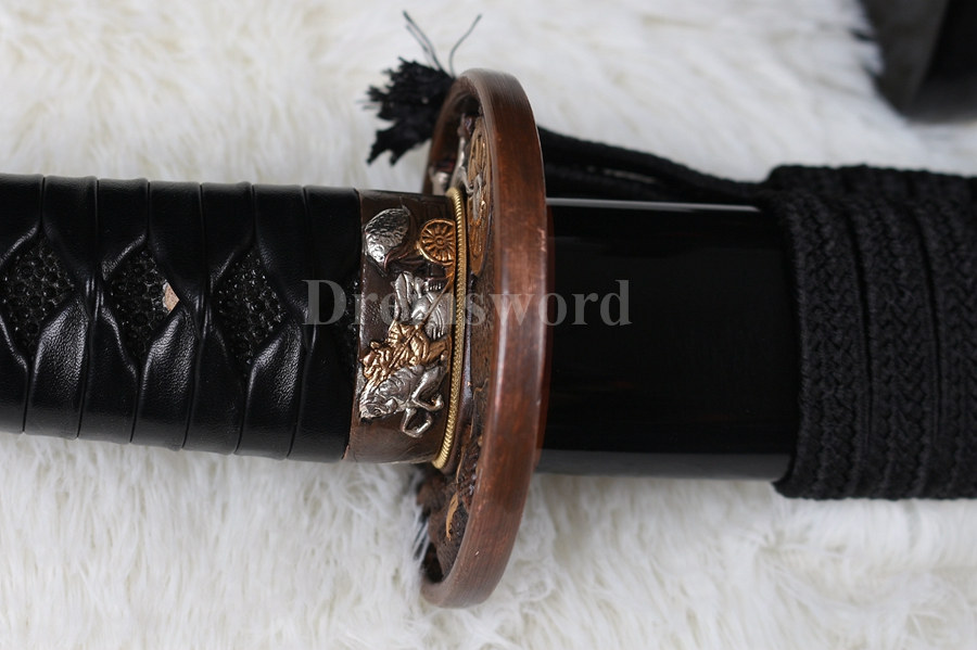 Hand forged japanese Katana samurai sword Red&Black damascus folded steel blade Dragon copper Tsuba.