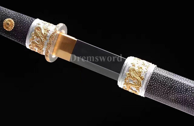 Hand forged laminated refined Top rare Damascus steel chinese 环首刀 sword hand engraved fittings battle ready.