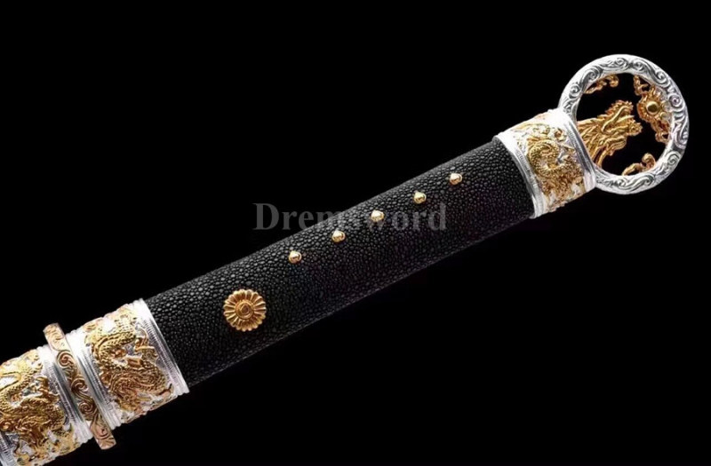 Hand forged laminated refined Top rare Damascus steel chinese 环首刀 sword hand engraved fittings battle ready.