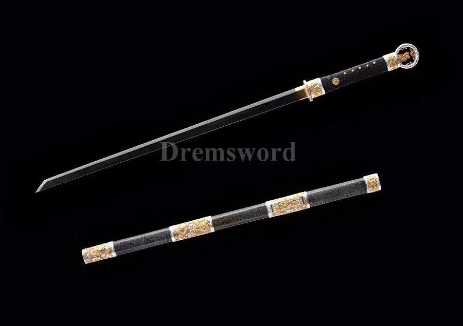 Hand forged laminated refined Top rare Damascus steel chinese 环首刀 sword hand engraved fittings battle ready.