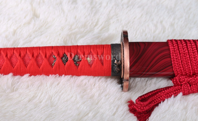 hand forge red&black damascus folded steel full tang blade japanese Katana samurai hand-abrasived hamon