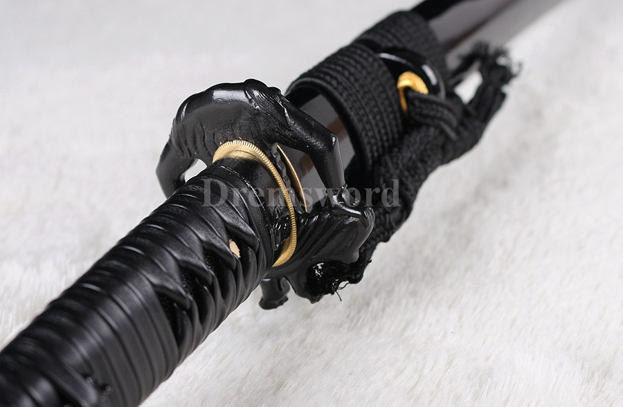 Handmade black damascus folded steel japanese samurai katana sword full tang sharp.