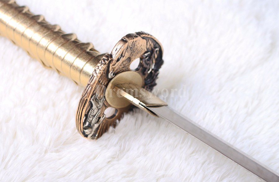 Handmade Japanese samurai katana sword gold blade 1095 High carbon steel battle ready sharp eagle tsuba set.