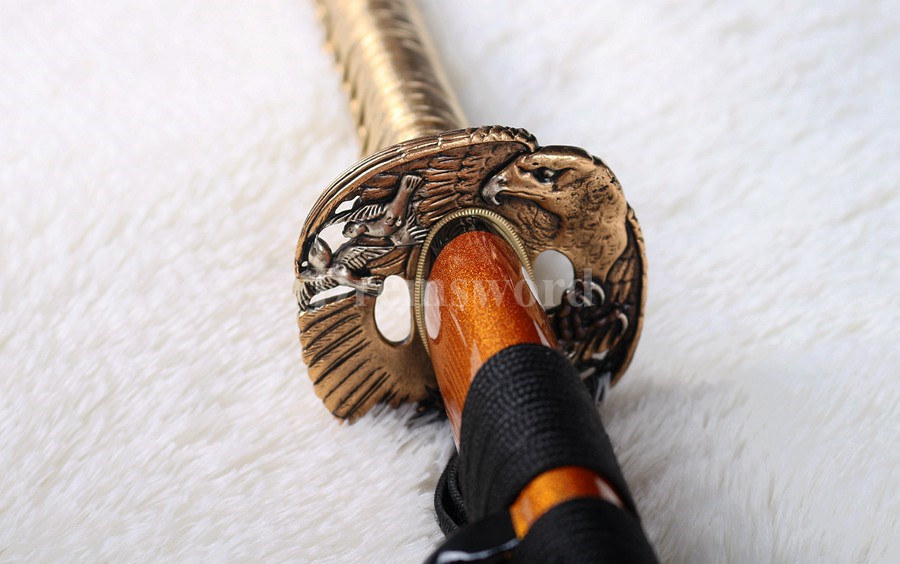 Handmade Japanese samurai katana sword gold blade 1095 High carbon steel battle ready sharp eagle tsuba set.
