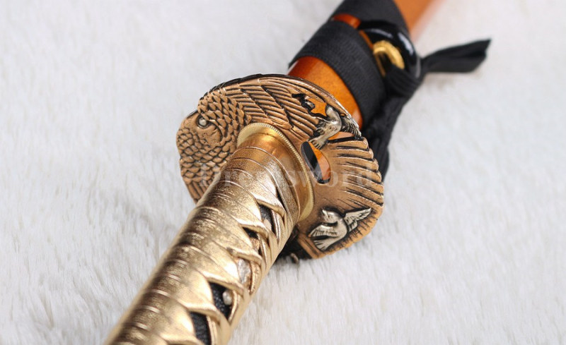 Handmade Japanese samurai katana sword gold blade 1095 High carbon steel battle ready sharp eagle tsuba set.