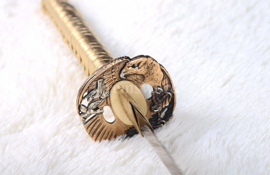 Handmade Japanese samurai katana sword gold blade 1095 High carbon steel battle ready sharp eagle tsuba set.