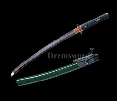 Hand forged T10 steel Clay tempered japanese samurai wakizashi sword 火焰 hamon full tang sharp Shinogi-Zukuri green