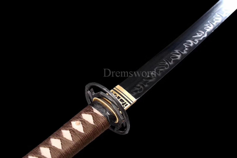 Hand forged T10 steel Clay Tempered Top（火焰）Hamon Japanese Samurai Sword(片手打）full tang sharp.