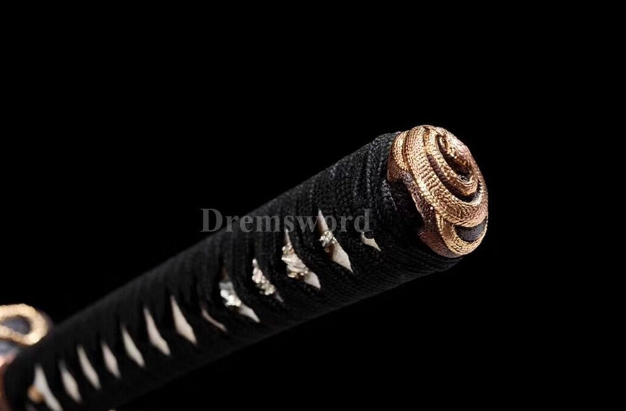 Hand forged Clay tempered katana japanese samurai sword Folded steel Feather-shaped pattern texture full tang sharp.