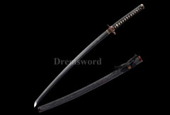 Hand forged Clay tempered katana japanese samurai sword Folded steel Feather-shaped pattern texture Shinogi-Zukuri Black
