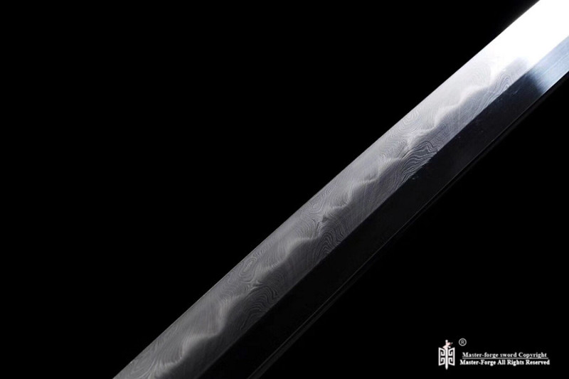 Japanese Tachi Battle Ready samurai Sword Folded Steel Clay Tempered full tang Blade Razor Sharp twisted shaped texture.