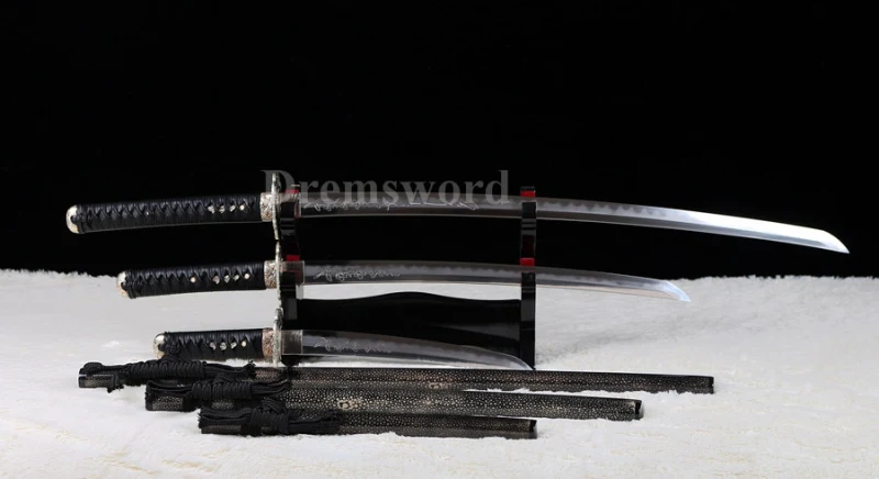 Hand forged Japanese Samurai Sword Set Katana+Wakizashi+Tanto clay tempered Folded Steel Hazuya Polish blossom engraved Razor Sharp.