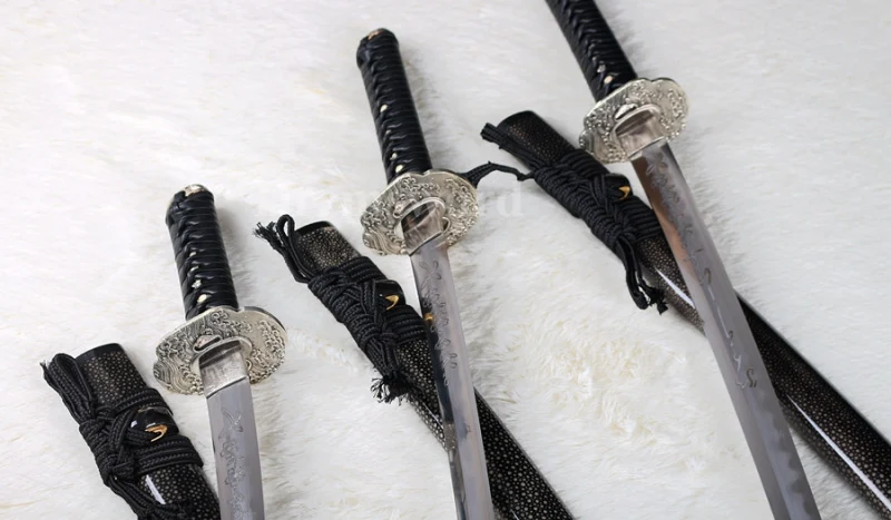 Hand forged Japanese Samurai Sword Set Katana+Wakizashi+Tanto clay tempered Folded Steel Hazuya Polish blossom engraved Razor Sharp.