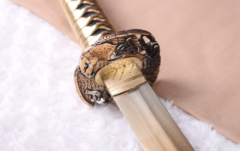 hand forge Gold Blade Katana Japanese samurai Sword 1095 High Carbon Steel full tang sharp copper eagle tsuba.