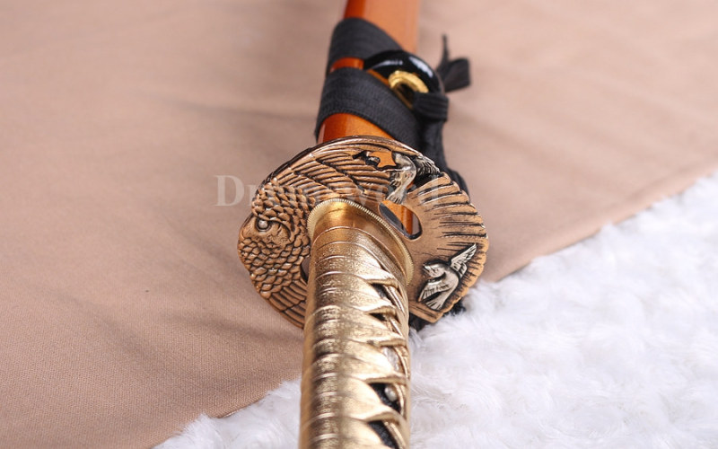 hand forge Gold Blade Katana Japanese samurai Sword 1095 High Carbon Steel full tang sharp copper eagle tsuba.