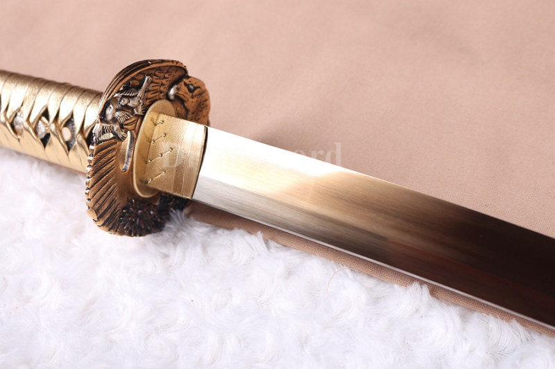 hand forge Gold Blade Katana Japanese samurai Sword 1095 High Carbon Steel full tang sharp copper eagle tsuba.