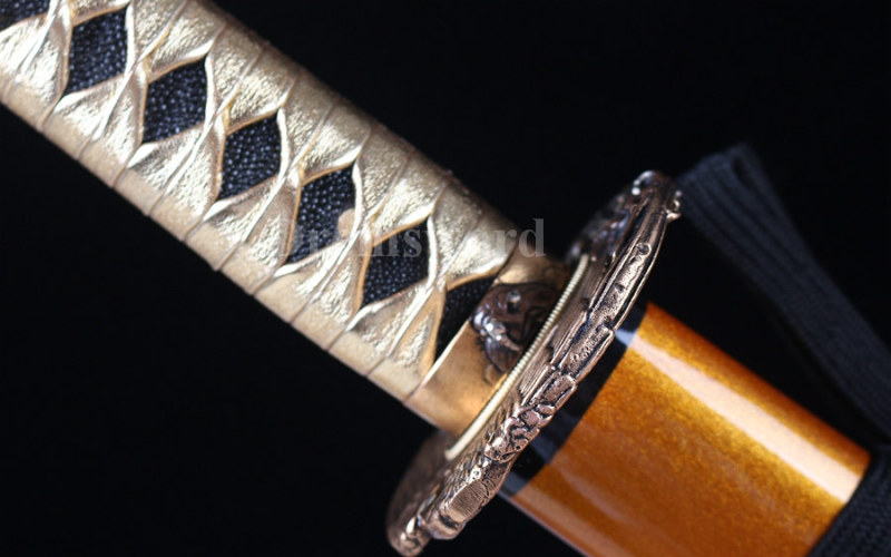 hand forge Gold Blade Katana Japanese samurai Sword 1095 High Carbon Steel full tang sharp copper eagle tsuba.