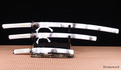 handmade Japanese Samurai Sword katana+wakizashi+tanto Daisho Black Blade Folded Steel full tang sharp Shinogi-Zukuri White