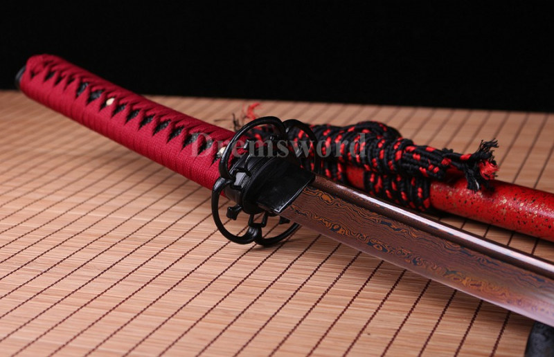 Hand forge Japanese Samurai Sword red&Black damascus Folded Steel katana Japanese Samurai Sword Full Tang Sharp Blade.