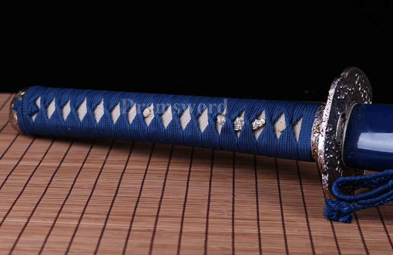 Blue damascus Folded Steel katana Japanese Samurai Sword Full Tang Sharp Blade.