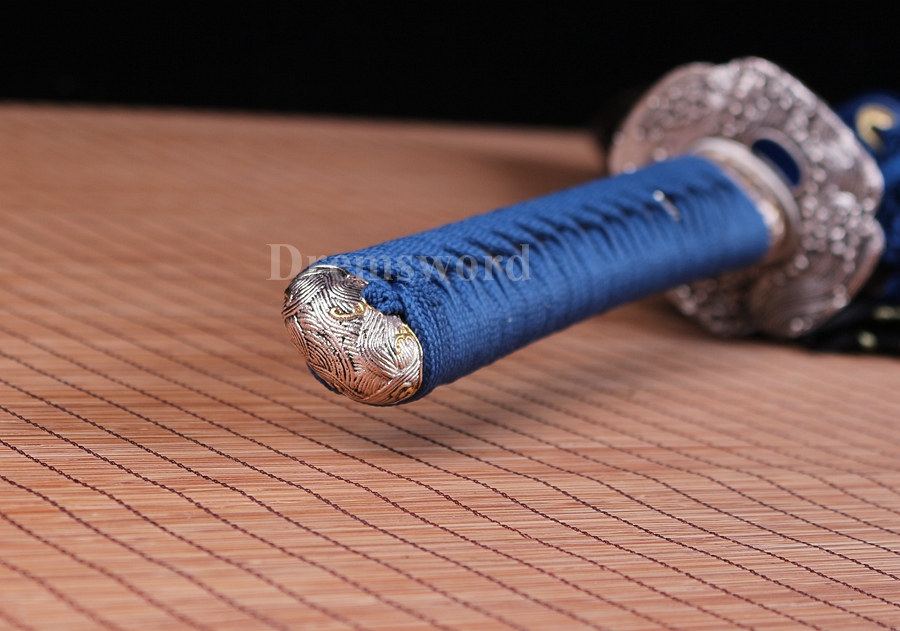 Blue damascus Folded Steel katana Japanese Samurai Sword Full Tang Sharp Blade.