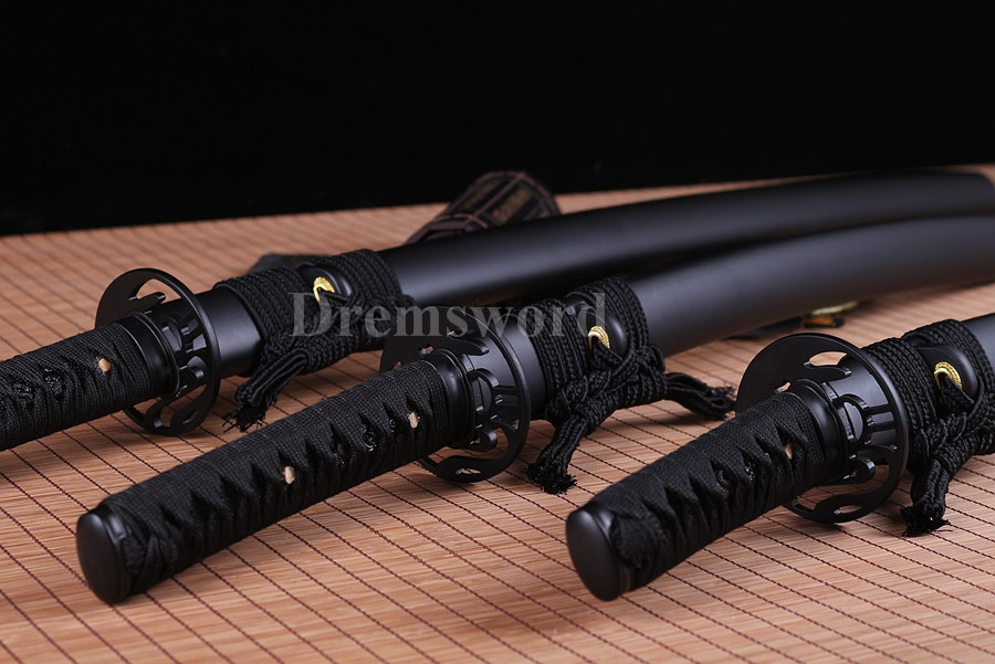 Japanese sharp Samurai Sword set katana+wakizashi+tanto Black Folded Steel full tang.