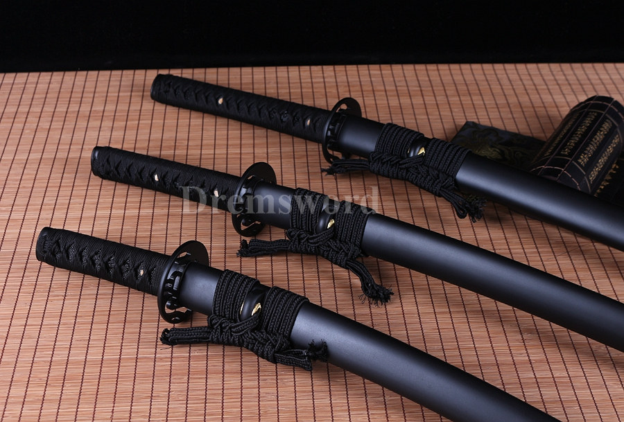 Japanese sharp Samurai Sword set katana+wakizashi+tanto Black Folded Steel full tang.